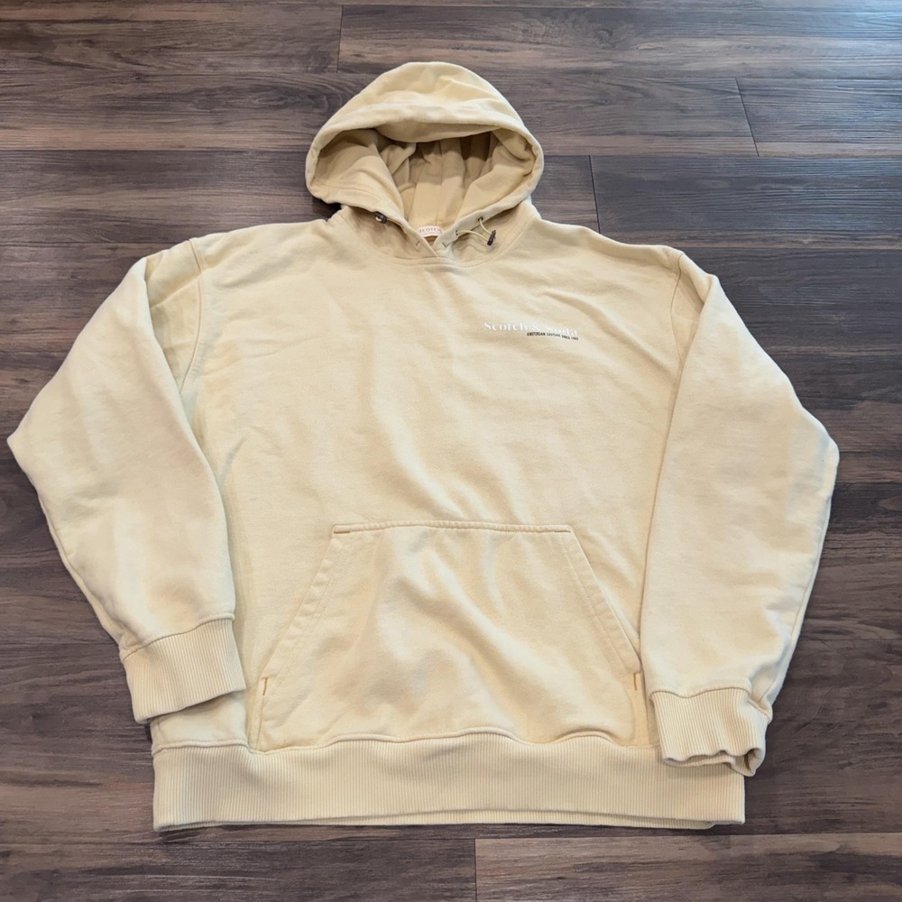 Scotch & Soda Hoodie Mens Medium Yellow Pullover Fleece Chest Logo Graphic
